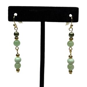 18K Gold Plated Hook Dangle Glass Beaded Earrings Light & Dark Green Jewelry